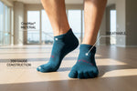 Load image into Gallery viewer, Blue toe-separated socks with text highlighting features on a white background
