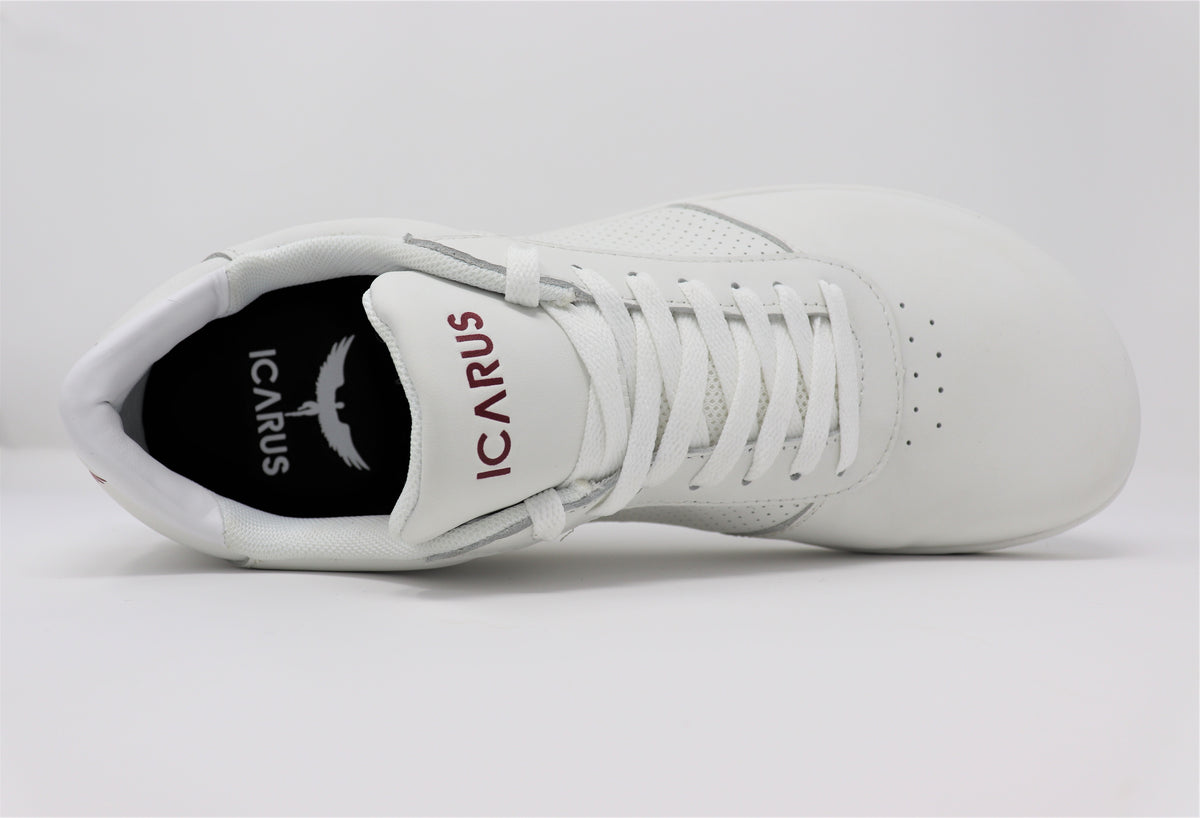 Top-view of a white Icarus Ascent barefoot sneaker against white background